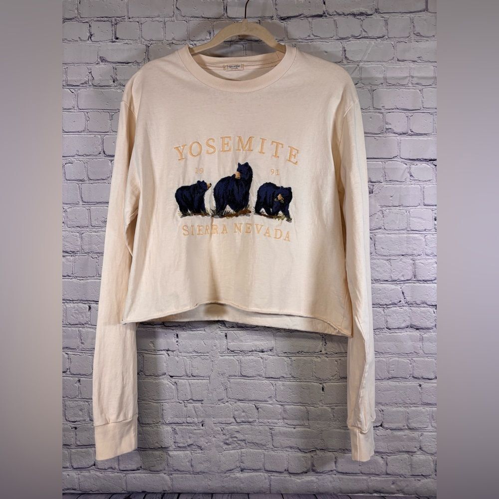 John Galt Yosemite Cream Embroidered Bears Presley Long Sleeve Boyfriend T-Shirt